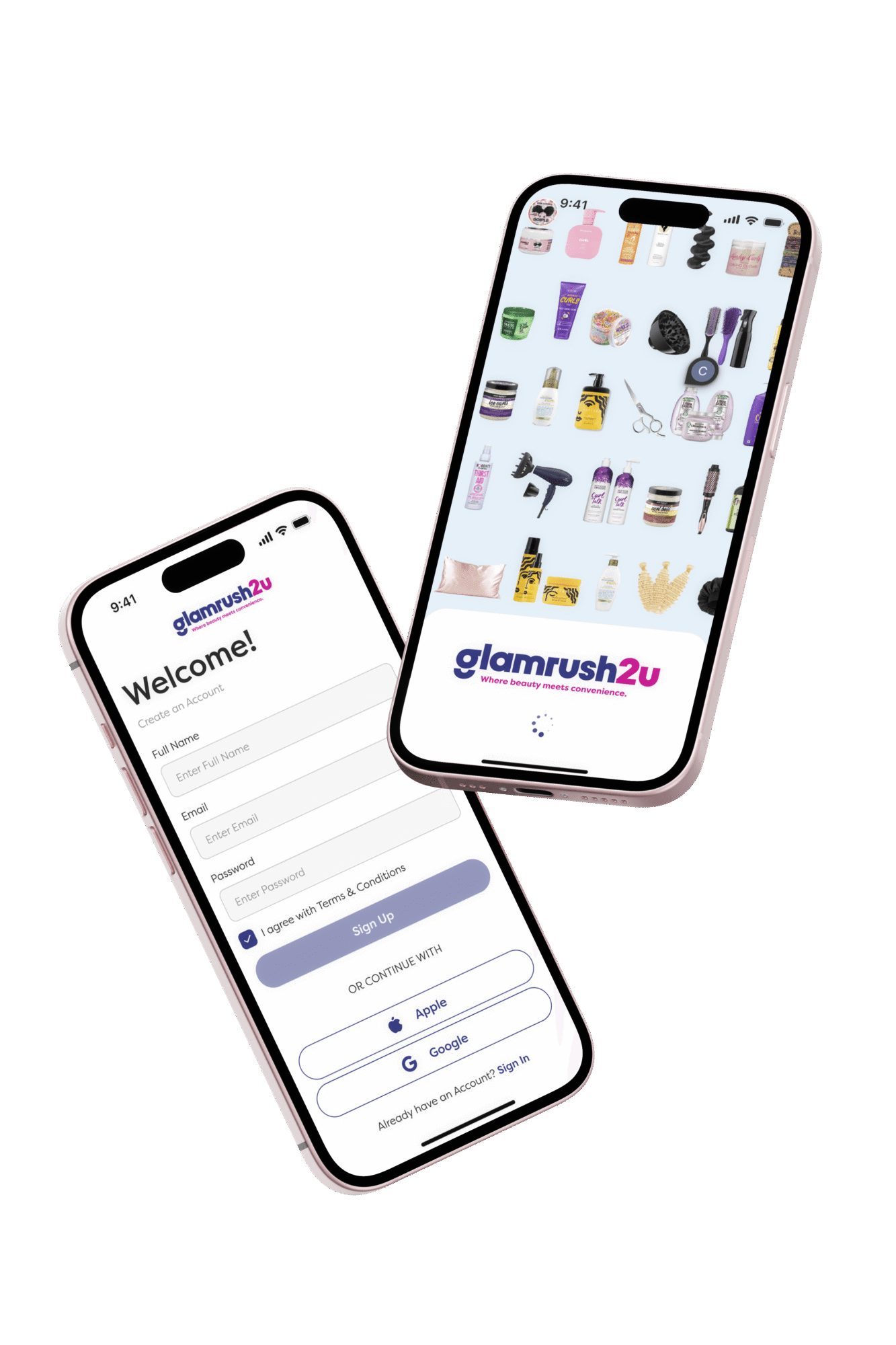Two smartphones displaying GlamRush2U app screens