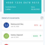 Digital wallet app screen showing card, transactions