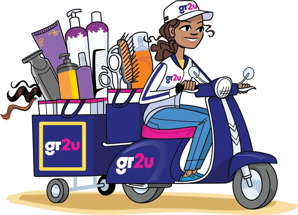 Cartoon mobile hair stylist scooter with supplies